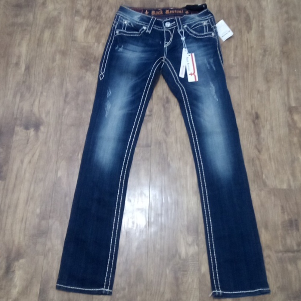 Rock Revival Women's 26 Straight Morgan Distressed Faux Leather Flap Pockets NWT